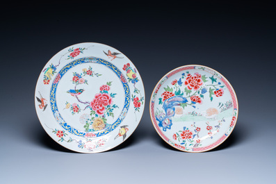 A Chinese famille rose 'birds' dish and a 'quails' plate, Yongzheng/Qianlong