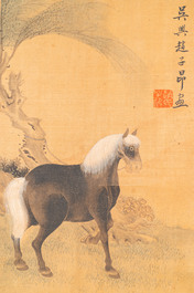Suiveur de Zhao Mengfu 趙孟頫 (1254-1322): 'Quatre chevaux', encre et couleurs sur soie, 19/20&egrave;me