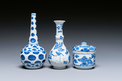 Two Chinese blue and white vases and a covered bowl, Kangxi