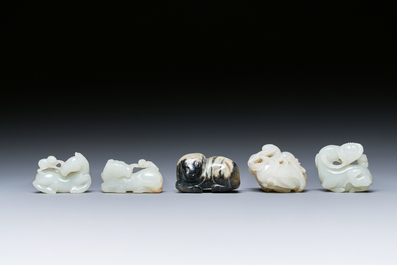 Five Chinese white, celadon and grey-black jade carvings, Qing/Republic