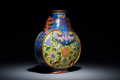 A Chinese yellow and blue-ground cloisonn&eacute; 'Shou' moonflask vase, 'bianhu', Jiaqing