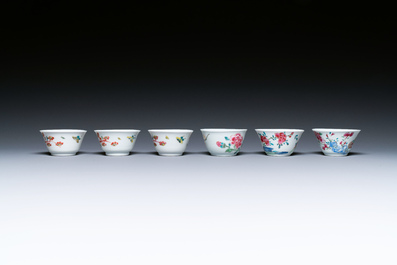 Seven Chinese famille rose cups and saucers, Yongzheng