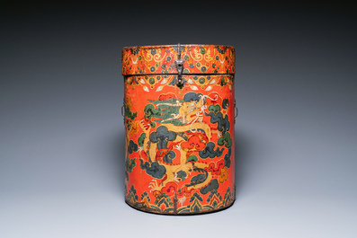 A large leather-clad wooden box and cover painted with dragons on a red ground, Tibet, 17/18th C.