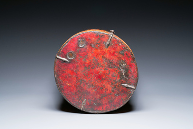 A large leather-clad wooden box and cover painted with dragons on a red ground, Tibet, 17/18th C.