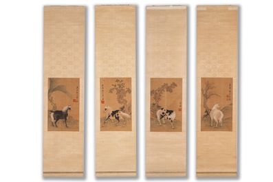 Suiveur de Zhao Mengfu 趙孟頫 (1254-1322): 'Quatre chevaux', encre et couleurs sur soie, 19/20&egrave;me