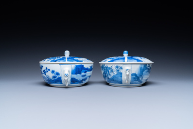 A pair of Chinese blue and white bowls and covers, Kangxi