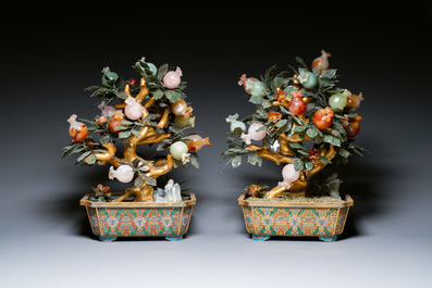 A pair of Chinese precious stone and lacquer trees in cloisonn&eacute; jardini&egrave;res, 19/20th C.