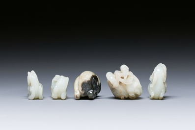 Five Chinese white, celadon and grey-black jade carvings, Qing/Republic