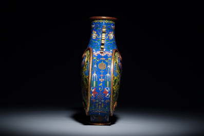 A Chinese yellow and blue-ground cloisonn&eacute; 'Shou' moonflask vase, 'bianhu', Jiaqing