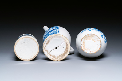 Three Dutch Delft blue and white pharmacy jars, 18th C.