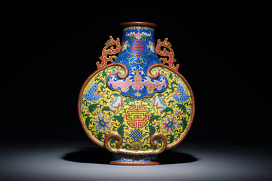 A Chinese yellow and blue-ground cloisonn&eacute; 'Shou' moonflask vase, 'bianhu', Jiaqing