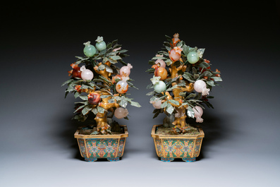 A pair of Chinese precious stone and lacquer trees in cloisonn&eacute; jardini&egrave;res, 19/20th C.