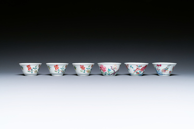 Seven Chinese famille rose cups and saucers, Yongzheng