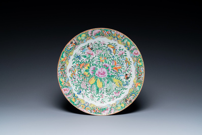 Two Chinese Canton famille rose bowls and a dish, 19th C.