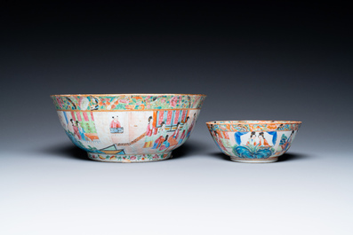 Two Chinese Canton famille rose bowls and a dish, 19th C.