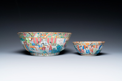 Two Chinese Canton famille rose bowls and a dish, 19th C.
