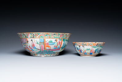 Two Chinese Canton famille rose bowls and a dish, 19th C.