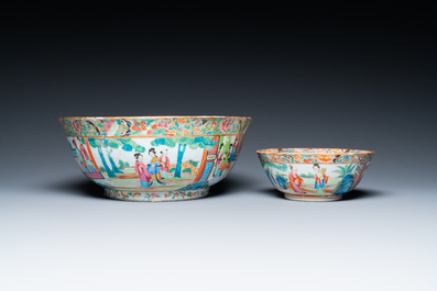 Two Chinese Canton famille rose bowls and a dish, 19th C.