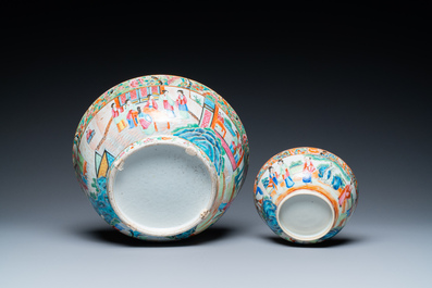 Two Chinese Canton famille rose bowls and a dish, 19th C.