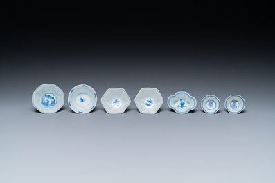 Seven mostly rare Chinese blue and white cups and saucers, Kangxi