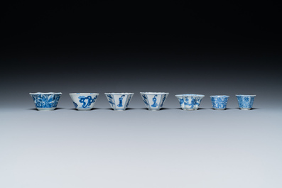 Seven mostly rare Chinese blue and white cups and saucers, Kangxi