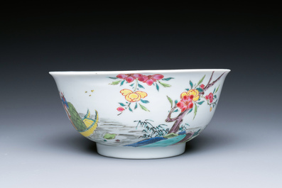 A Chinese famille rose plate and bowl with a nursing mother and men drinking tea on the shore, Yongzheng