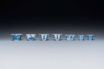 Seven mostly rare Chinese blue and white cups and saucers, Kangxi