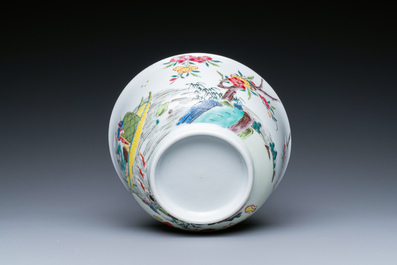 A Chinese famille rose plate and bowl with a nursing mother and men drinking tea on the shore, Yongzheng