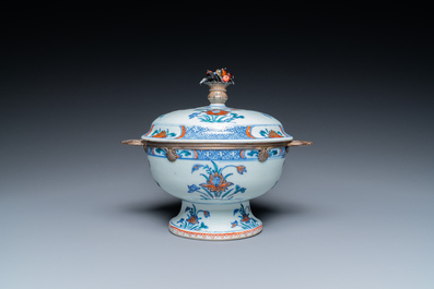 A rare Chinese doucai bowl and cover with silvered mounts, Kangxi/Yongzheng