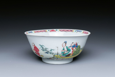 A Chinese famille rose plate and bowl with a nursing mother and men drinking tea on the shore, Yongzheng