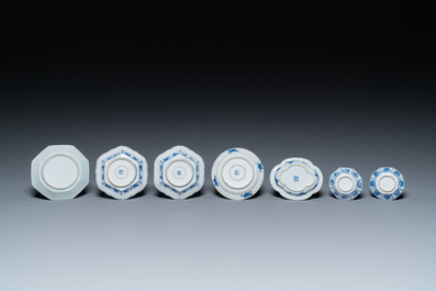 Seven mostly rare Chinese blue and white cups and saucers, Kangxi