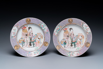 A pair of fine Chinese famille rose plates with a lady and two boys, Yongzheng