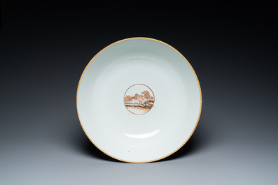 A large Chinese export porcelain punch bowl and dish with a view on Philadelphia, Qianlong