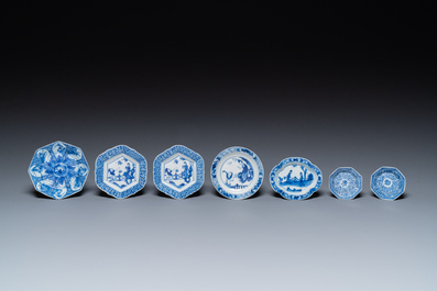 Seven mostly rare Chinese blue and white cups and saucers, Kangxi
