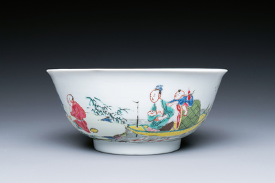 A Chinese famille rose plate and bowl with a nursing mother and men drinking tea on the shore, Yongzheng