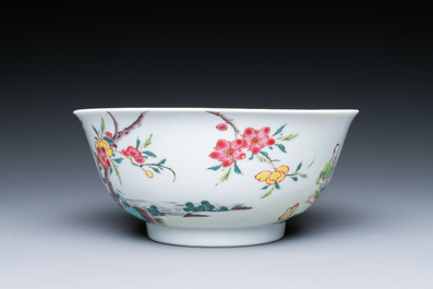 A Chinese famille rose plate and bowl with a nursing mother and men drinking tea on the shore, Yongzheng