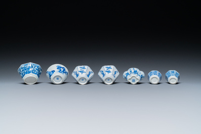 Seven mostly rare Chinese blue and white cups and saucers, Kangxi