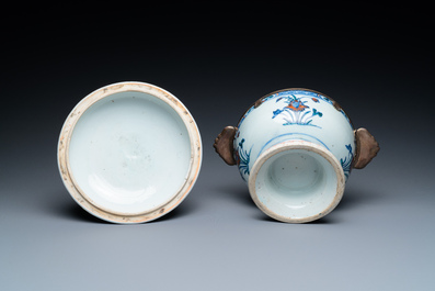 A rare Chinese doucai bowl and cover with silvered mounts, Kangxi/Yongzheng