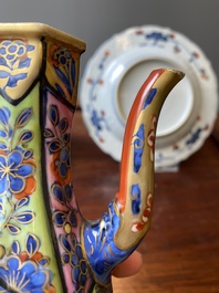 A Chinese clobbered blue and white ewer, a plate and a verte biscuit teapot, Kangxi