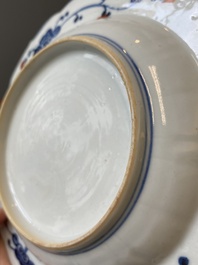 A Chinese clobbered blue and white ewer, a plate and a verte biscuit teapot, Kangxi