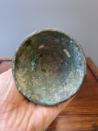 A Chinese archaic bronze ritual wine vessel, 'gu', late Shang dynasty