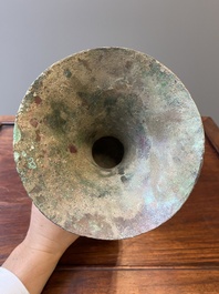 A Chinese archaic bronze ritual wine vessel, 'gu', late Shang dynasty