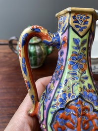 A Chinese clobbered blue and white ewer, a plate and a verte biscuit teapot, Kangxi