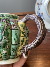 A Chinese clobbered blue and white ewer, a plate and a verte biscuit teapot, Kangxi