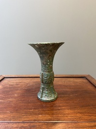 A Chinese archaic bronze ritual wine vessel, 'gu', late Shang dynasty