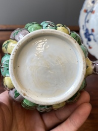 A Chinese clobbered blue and white ewer, a plate and a verte biscuit teapot, Kangxi