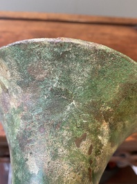 A Chinese archaic bronze ritual wine vessel, 'gu', late Shang dynasty