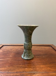 A Chinese archaic bronze ritual wine vessel, 'gu', late Shang dynasty