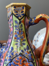 A Chinese clobbered blue and white ewer, a plate and a verte biscuit teapot, Kangxi