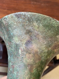 A Chinese archaic bronze ritual wine vessel, 'gu', late Shang dynasty